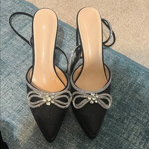Elegant Black Slingback Heels with Rhinestone Bow